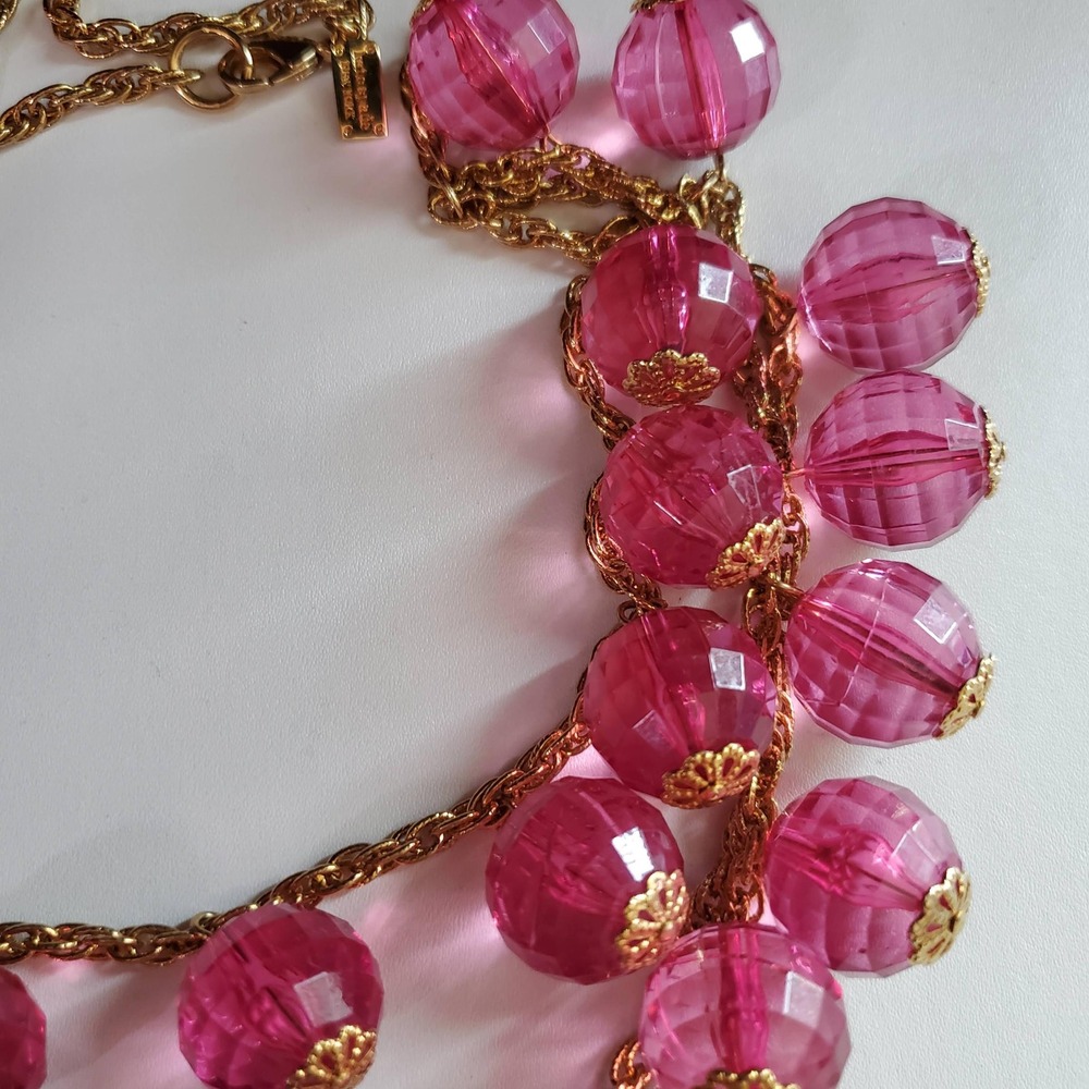 Kate Spade New York Pink Faceted Bead Triple Strand Statement Necklace Gold Tone - Picture 3 of 6